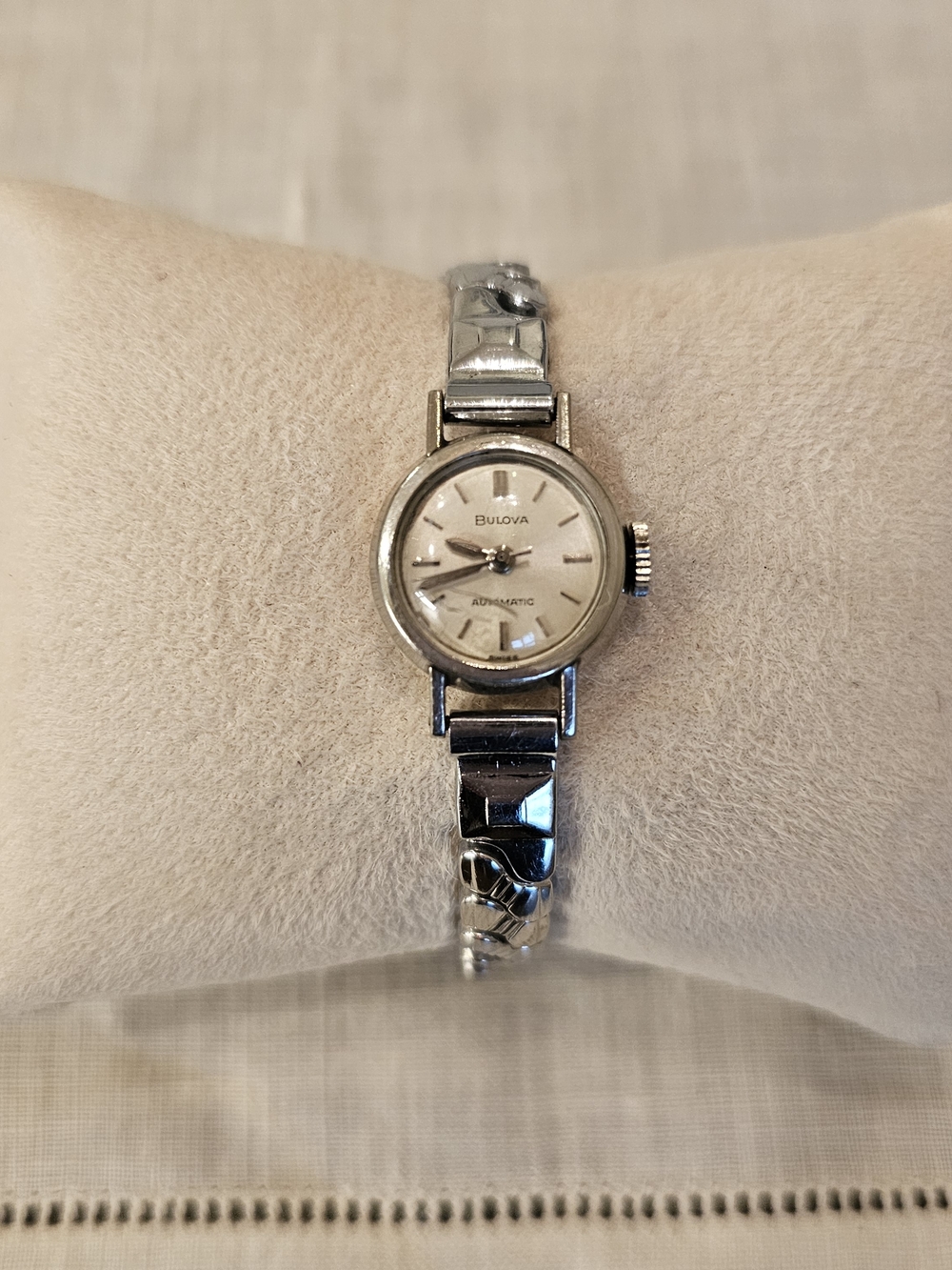 Vintage 60's Bulova Women's Manual Watch - Silver Tone 3 Hand Strech Band- Works